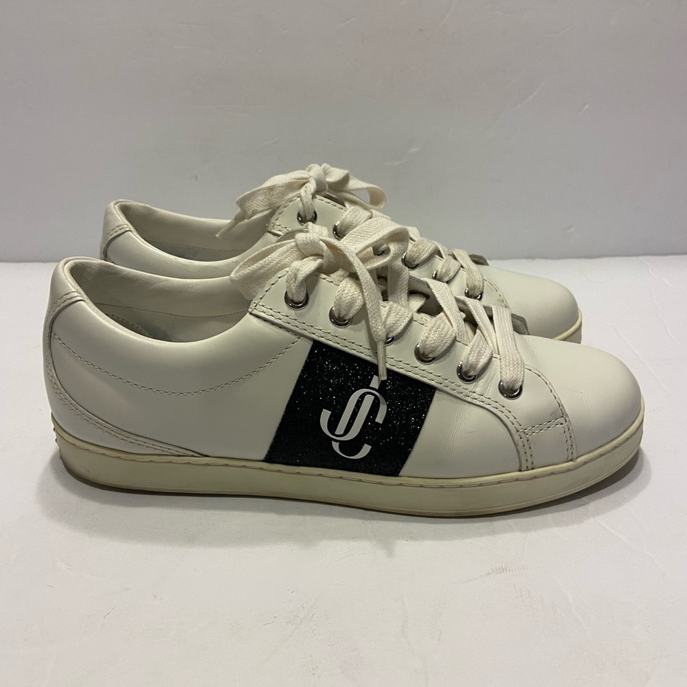 Jimmy Choo White Leather Womens Size 36.5 Designer Sneakers Logo